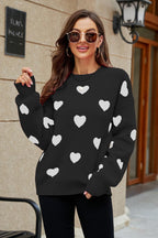 Heart Pattern Lantern Sleeve Round Neck Tunic Sweater