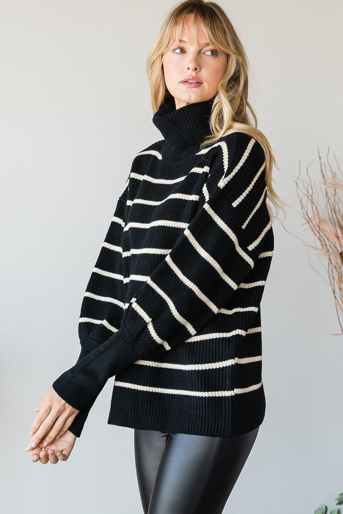 Blue Zone Planet |  Heavy Knit Striped Turtle Neck Knit Sweater