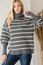 Blue Zone Planet |  Heavy Knit Striped Turtle Neck Knit Sweater