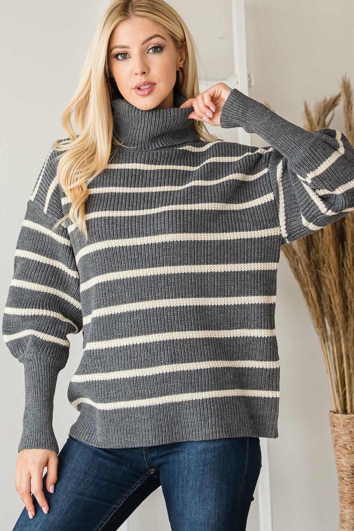 Blue Zone Planet |  Heavy Knit Striped Turtle Neck Knit Sweater