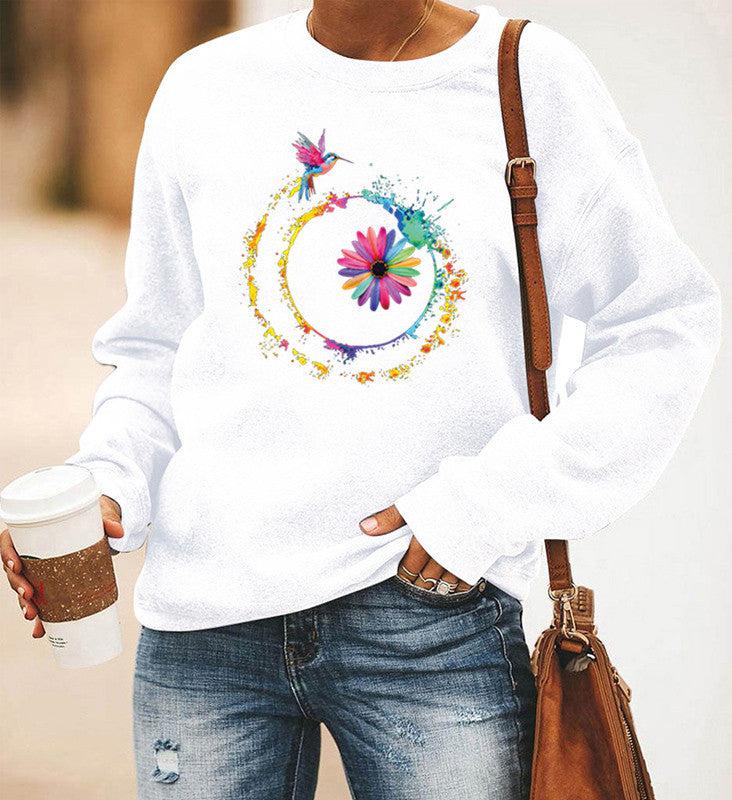 Blue Zone Planet |  Hummingbird Printed Long-Sleeved Round Neck Sweater Women