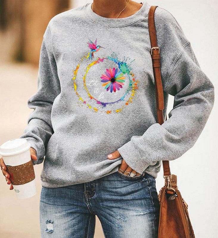 Blue Zone Planet |  Hummingbird Printed Long-Sleeved Round Neck Sweater Women