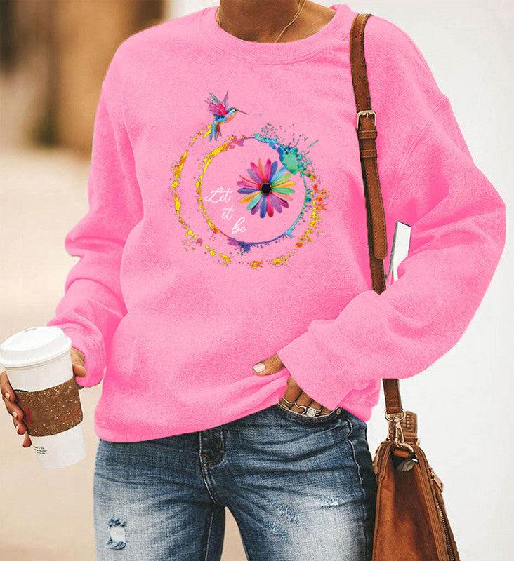 Blue Zone Planet |  Hummingbird Printed Long-Sleeved Round Neck Sweater Women