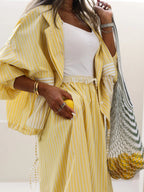 Stylish Yellow Striped Casual Two-Piece Set - Lightweight Polyester Jacket and Elastic Waist Skirt