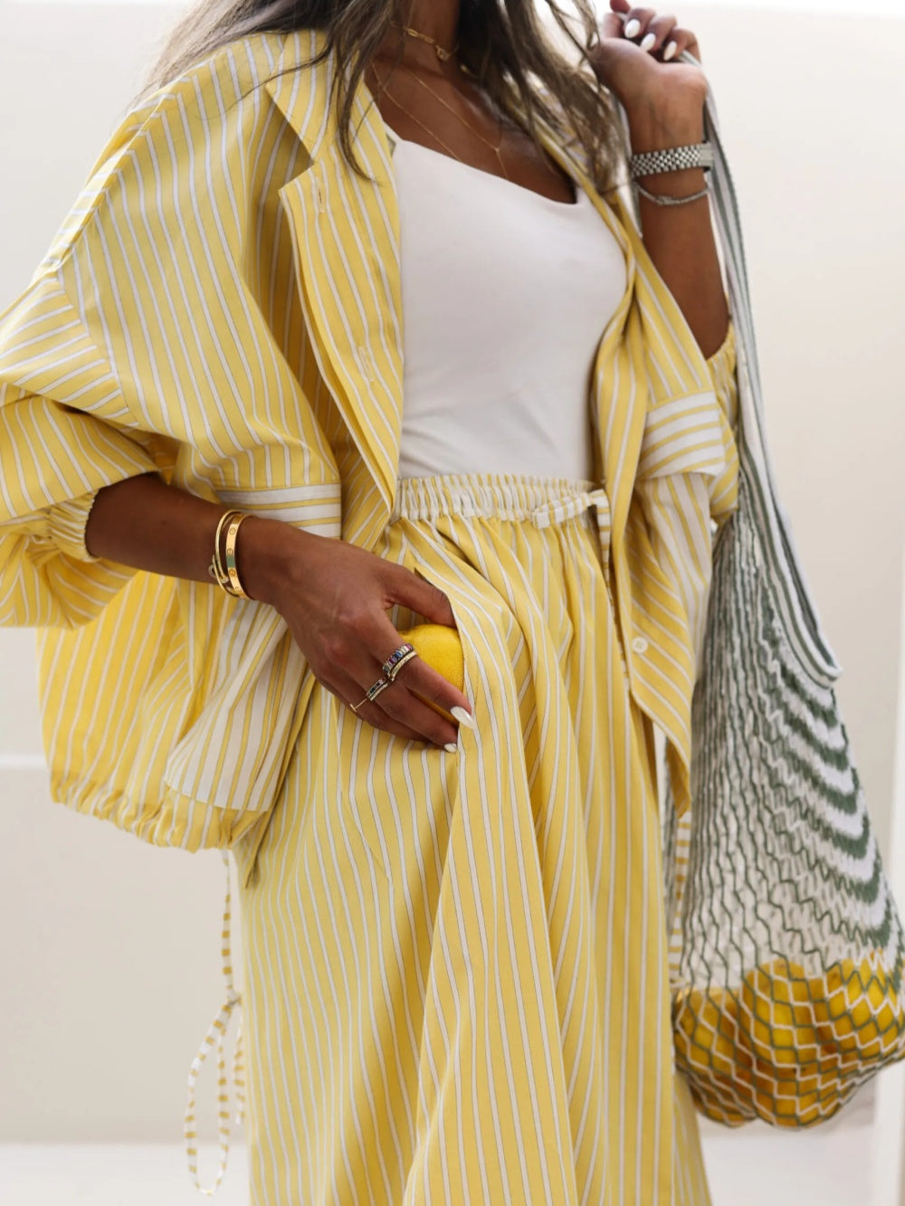 Stylish Yellow Striped Casual Two-Piece Set - Lightweight Polyester Jacket and Elastic Waist Skirt