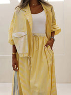 Stylish Yellow Striped Casual Two-Piece Set - Lightweight Polyester Jacket and Elastic Waist Skirt