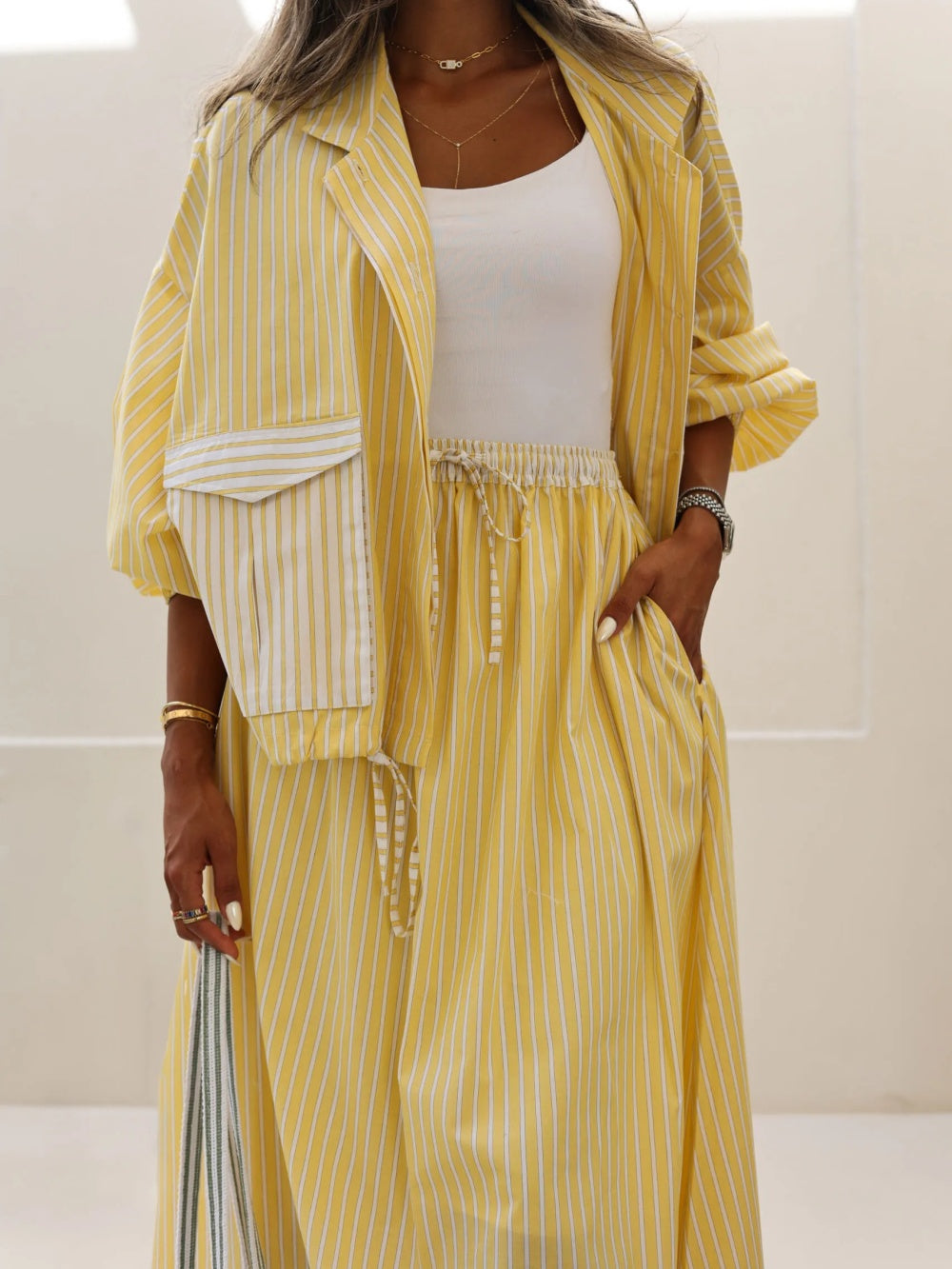 Stylish Yellow Striped Casual Two-Piece Set - Lightweight Polyester Jacket and Elastic Waist Skirt