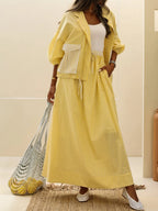 Stylish Yellow Striped Casual Two-Piece Set - Lightweight Polyester Jacket and Elastic Waist Skirt