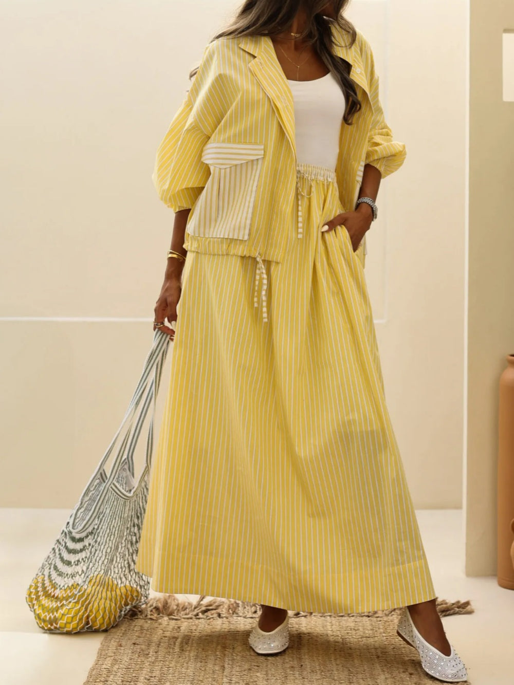Stylish Yellow Striped Casual Two-Piece Set - Lightweight Polyester Jacket and Elastic Waist Skirt
