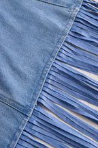 Stylish Denim Two-Piece Set With Asymmetrical Top And Fringed Skirt