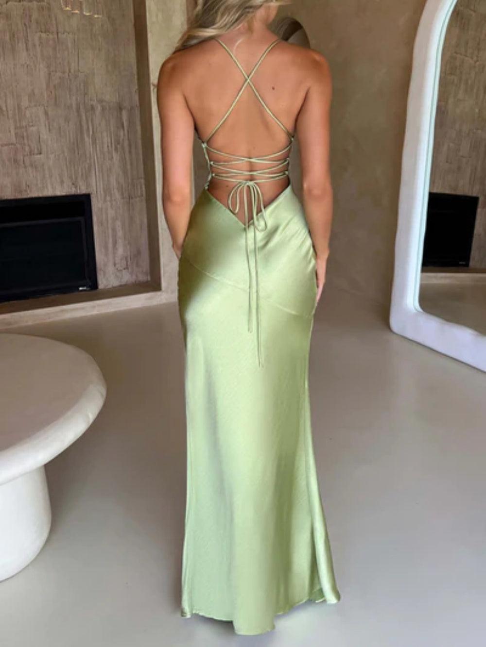 Isobel Romantic Silky Satin Maxi Dress with Plunge Neck and High Split