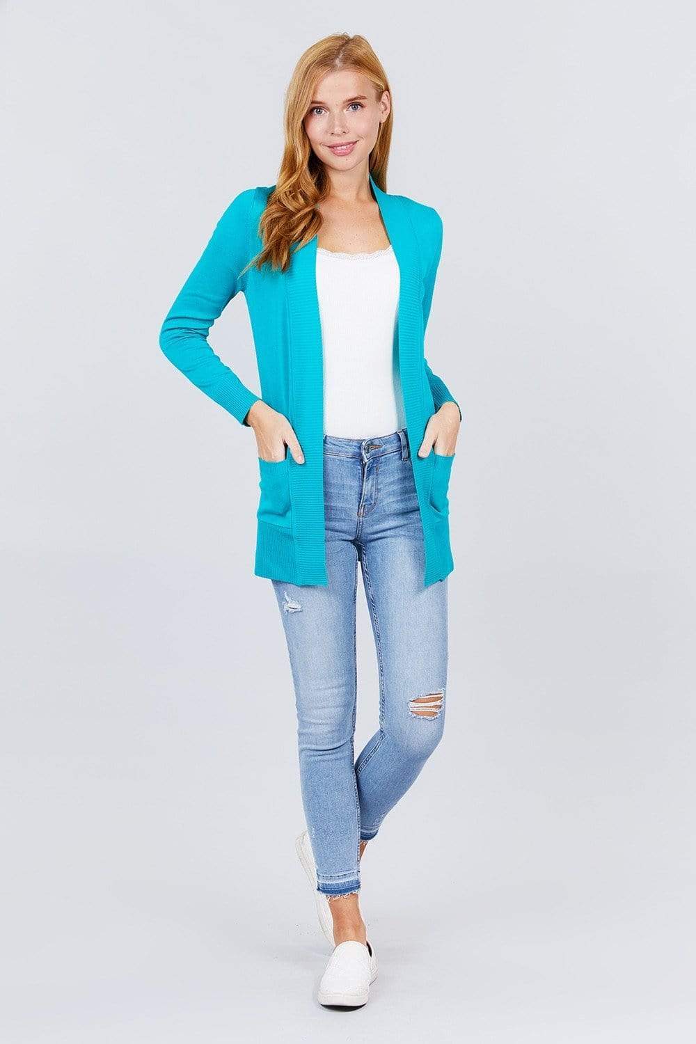 Blue Zone Planet |  Long Sleeve Rib Banded Open Sweater Cardigan With Pockets