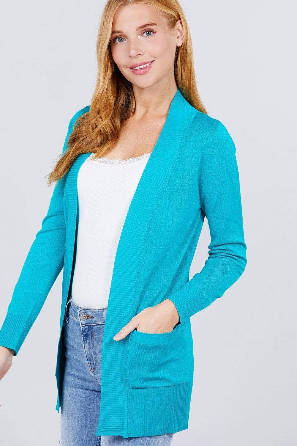 Blue Zone Planet |  Long Sleeve Rib Banded Open Sweater Cardigan With Pockets