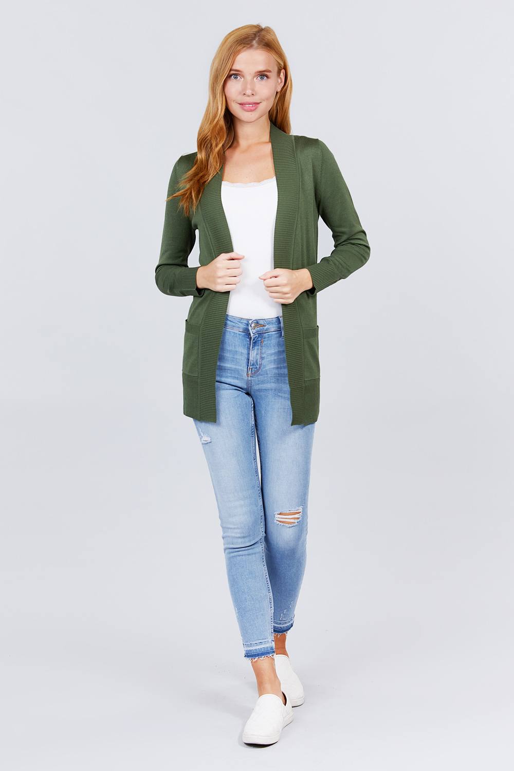 Blue Zone Planet |  Long Sleeve Rib Banded Open Sweater Cardigan With Pockets