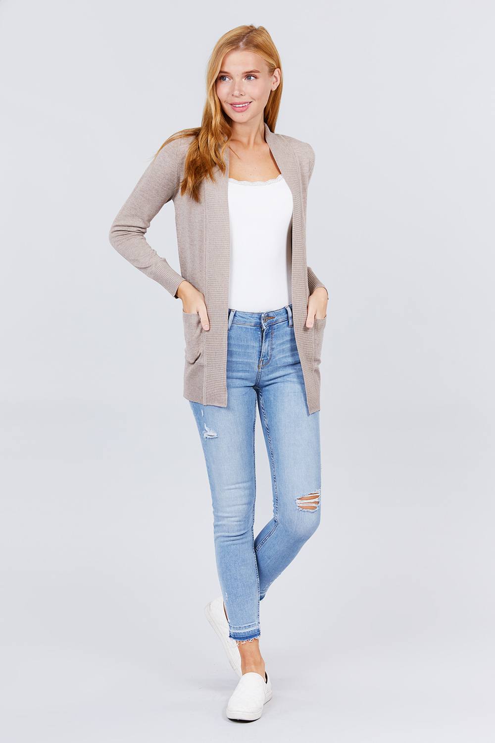 Blue Zone Planet |  Long Sleeve Rib Banded Open Sweater Cardigan With Pockets