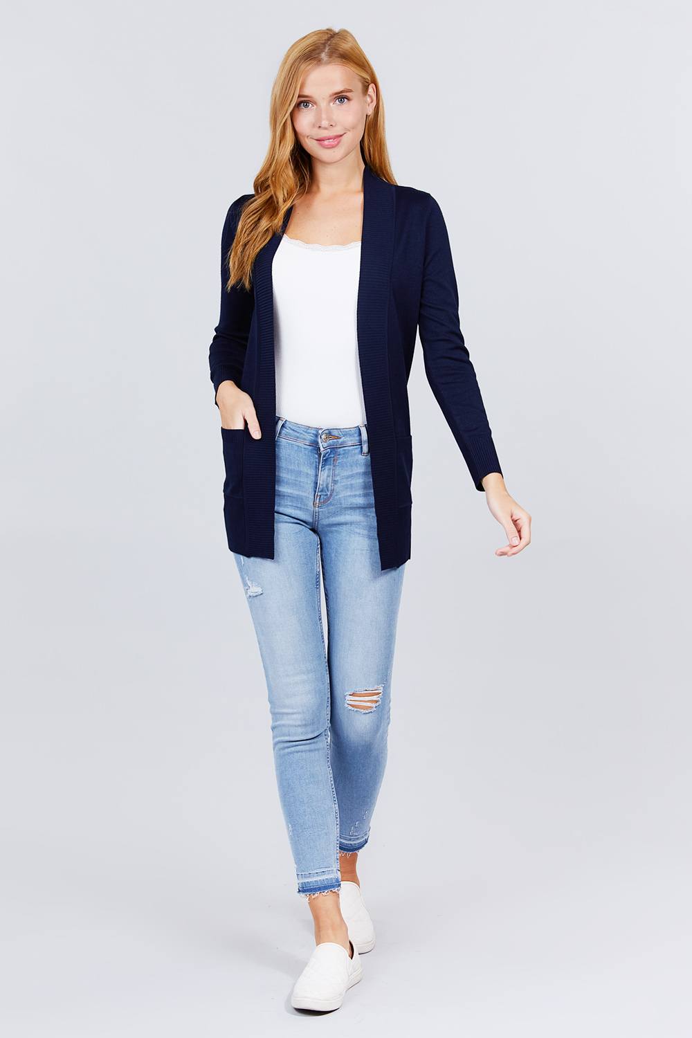 Blue Zone Planet |  Long Sleeve Rib Banded Open Sweater Cardigan With Pockets