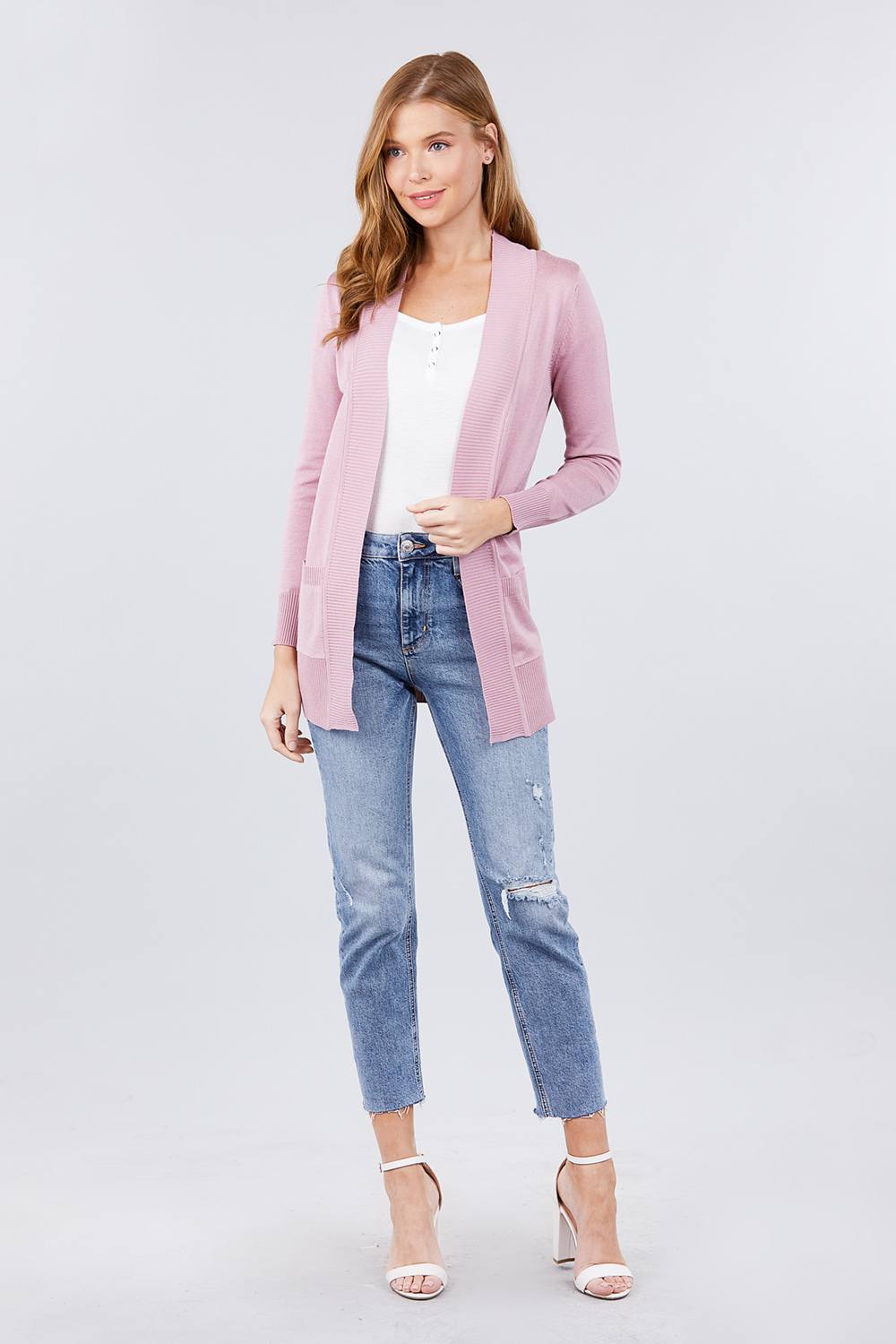 Blue Zone Planet |  Long Sleeve Rib Banded Open Sweater Cardigan With Pockets