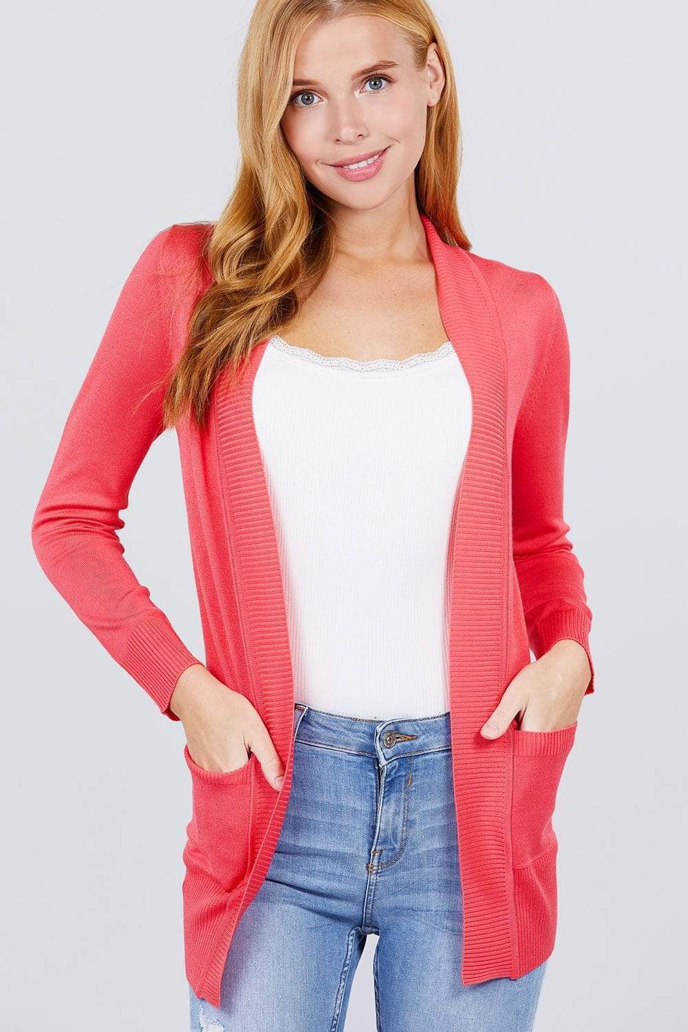 Blue Zone Planet |  Long Sleeve Rib Banded Open Sweater Cardigan With Pockets