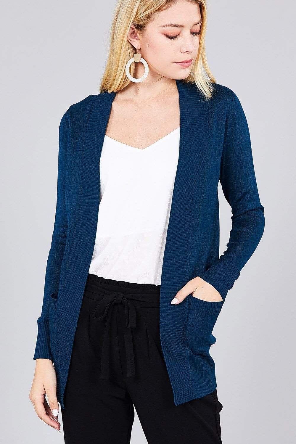 Blue Zone Planet |  Long Sleeve Rib Banded Open Sweater Cardigan With Pockets
