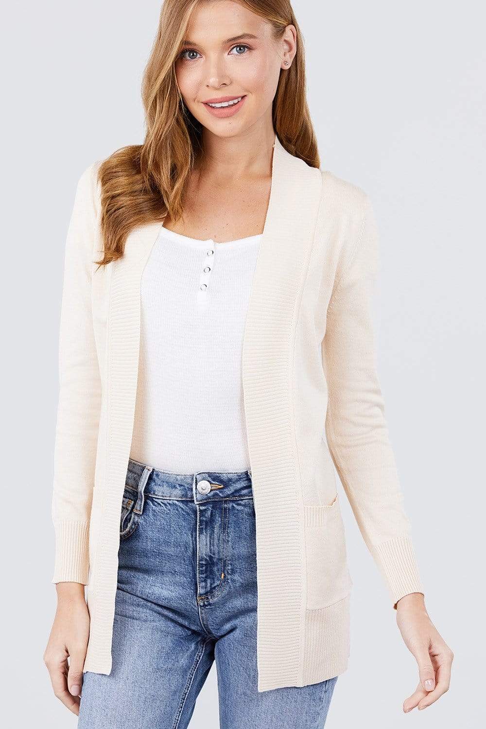 Blue Zone Planet |  Long Sleeve Rib Banded Open Sweater Cardigan With Pockets