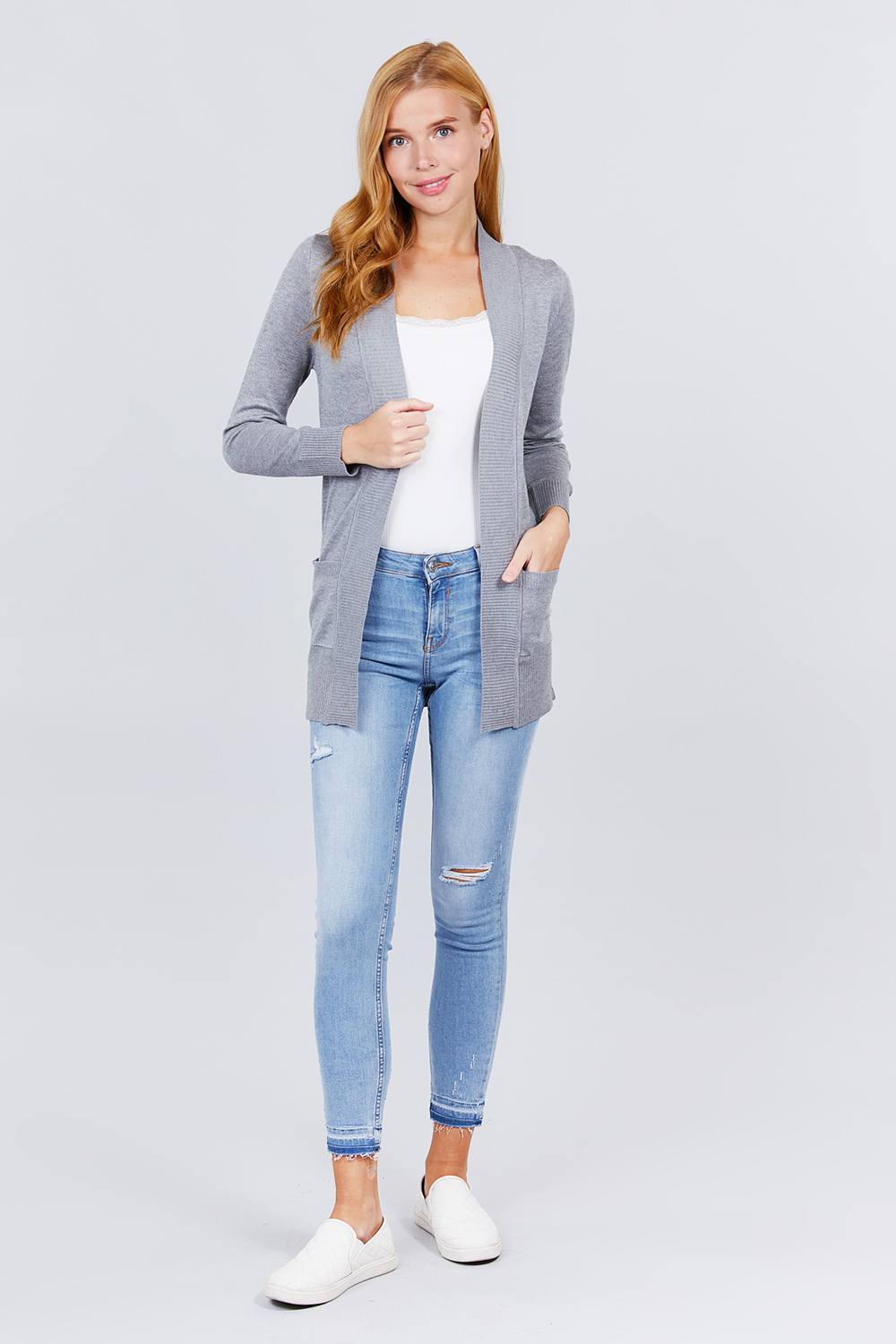 Blue Zone Planet |  Long Sleeve Rib Banded Open Sweater Cardigan With Pockets