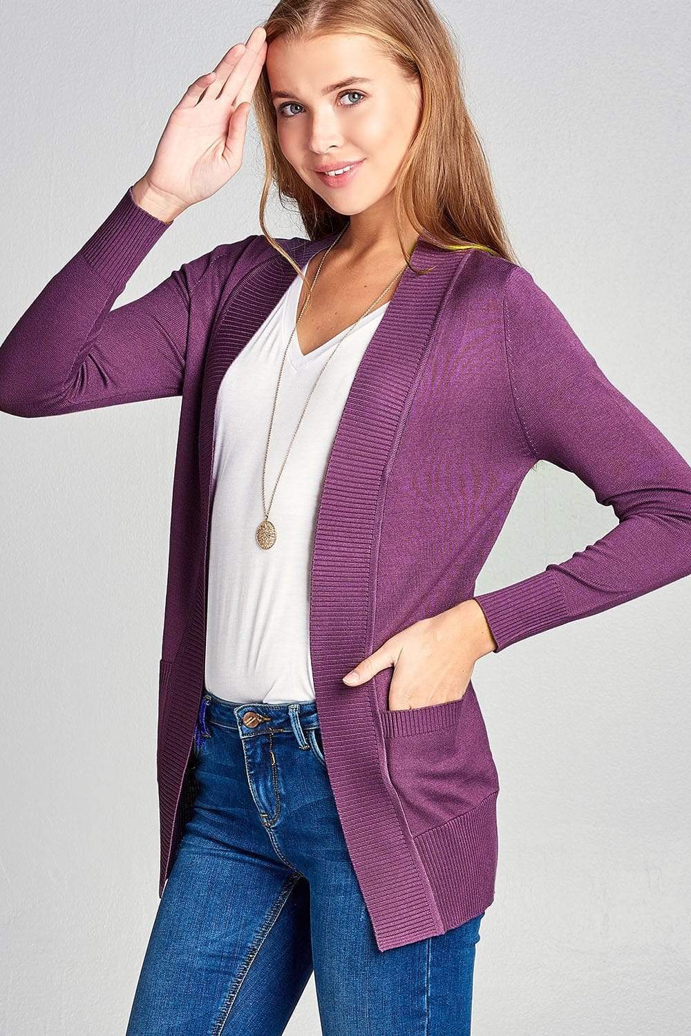 Blue Zone Planet |  Long Sleeve Rib Banded Open Sweater Cardigan With Pockets
