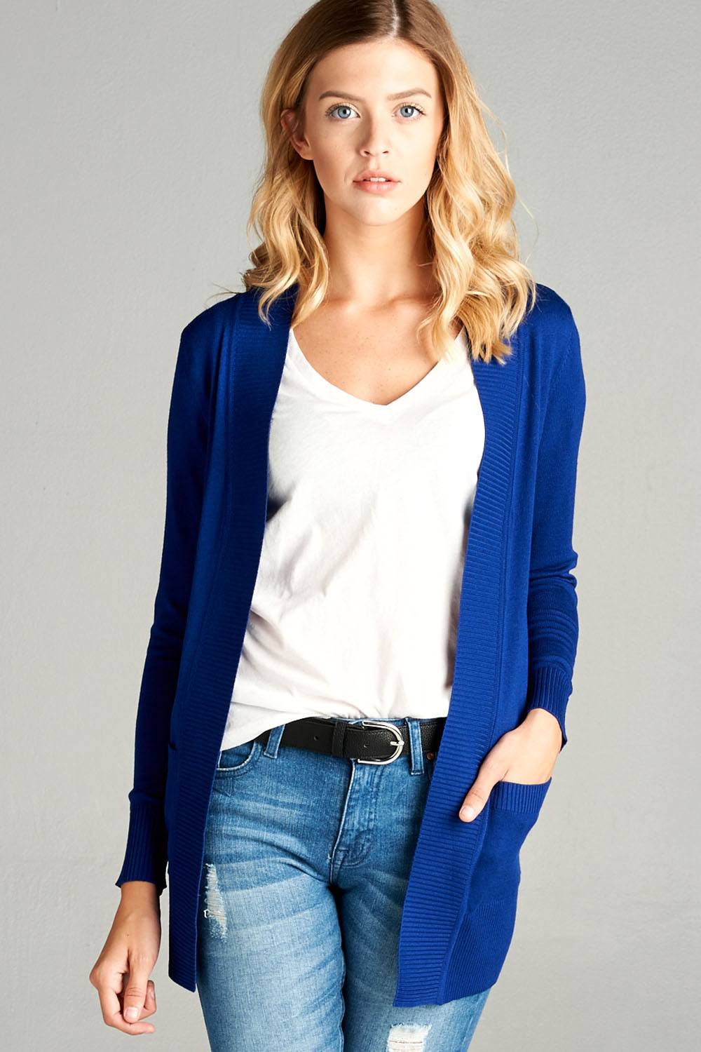 Blue Zone Planet |  Long Sleeve Rib Banded Open Sweater Cardigan With Pockets