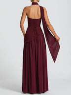 Maliyah Maxi Dress - Luxurious Cherry Lacquer Formal Gown with Asymmetrical Bodice and Chiffon Skirt