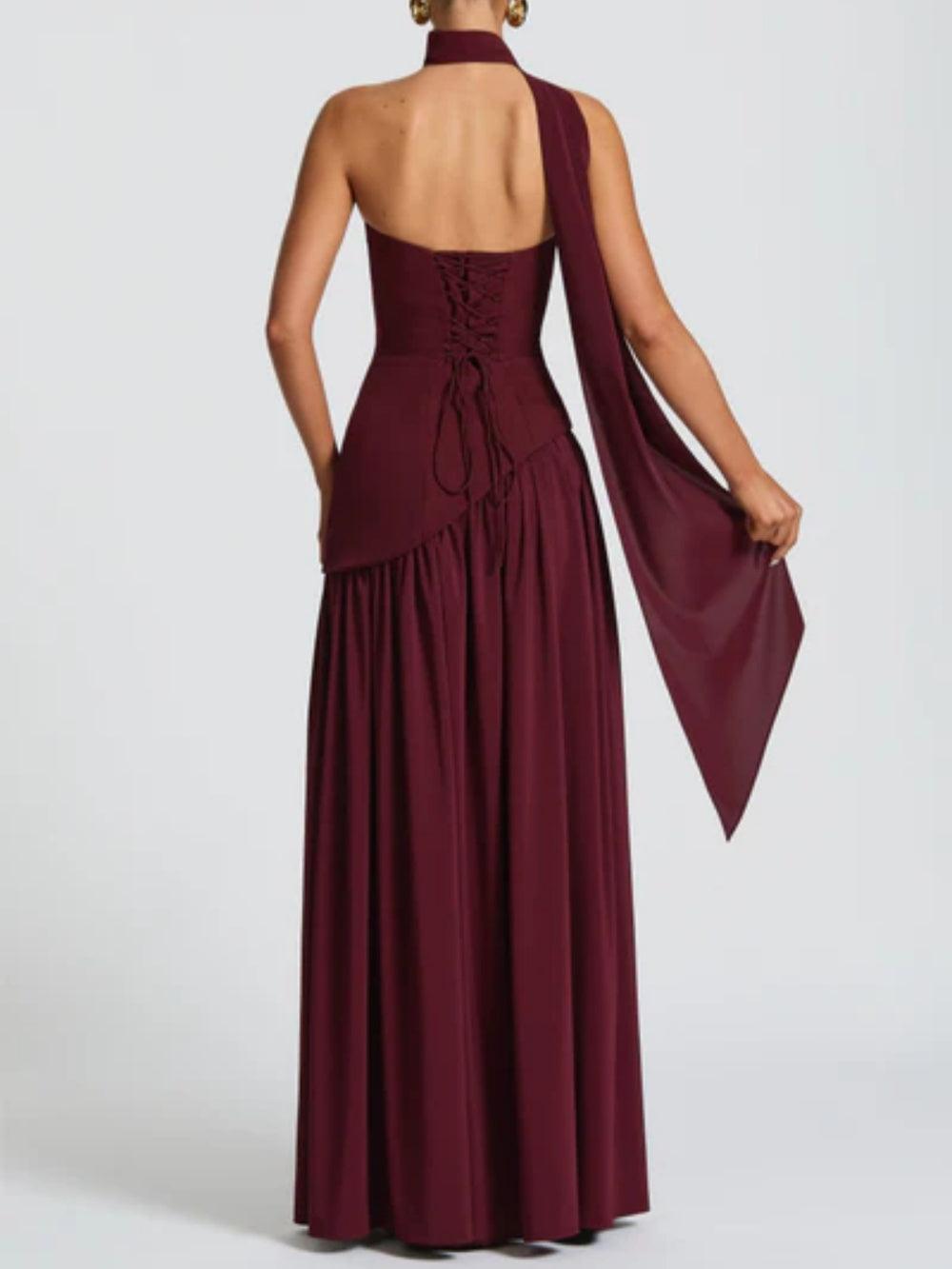 Maliyah Maxi Dress - Luxurious Cherry Lacquer Formal Gown with Asymmetrical Bodice and Chiffon Skirt