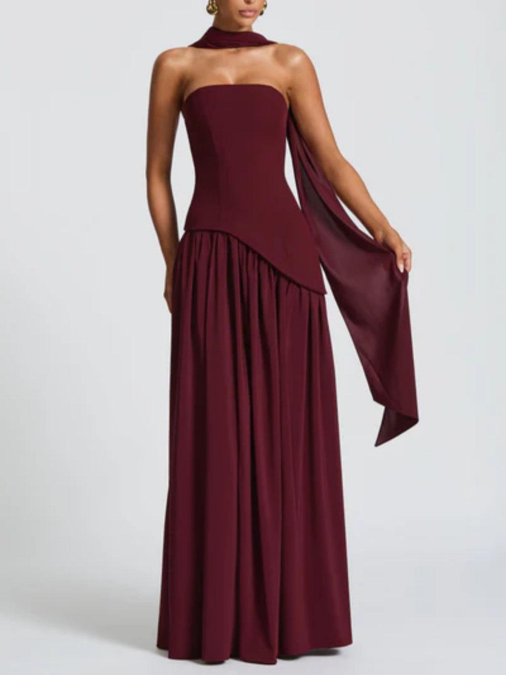 Maliyah Maxi Dress - Luxurious Cherry Lacquer Formal Gown with Asymmetrical Bodice and Chiffon Skirt