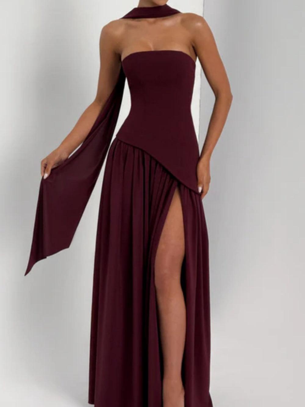 Maliyah Maxi Dress - Elegant Cherry Lacquer Evening Gown with Asymmetrical Bodice and Chiffon Skirt