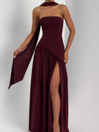Maliyah Maxi Dress - Luxurious Cherry Lacquer Formal Gown with Asymmetrical Bodice and Chiffon Skirt