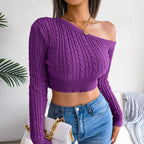 Blue Zone Planet |  Mixed Knit One-Shoulder Cropped Sweater