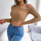 Blue Zone Planet |  Mixed Knit One-Shoulder Cropped Sweater
