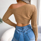 Blue Zone Planet |  Mixed Knit One-Shoulder Cropped Sweater