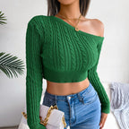 Blue Zone Planet |  Mixed Knit One-Shoulder Cropped Sweater