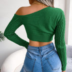 Blue Zone Planet |  Mixed Knit One-Shoulder Cropped Sweater