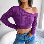 Blue Zone Planet |  Mixed Knit One-Shoulder Cropped Sweater