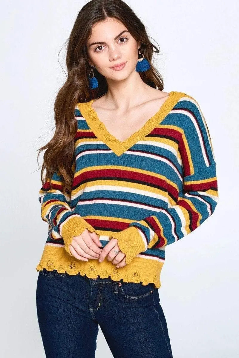 Blue Zone Planet |  Multi-colored Variegated Striped Knit Sweater