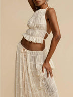 Elegant Pleated Drawstring Waist Tiered Maxi Skirt Suit - Flowing & Sophisticated Design
