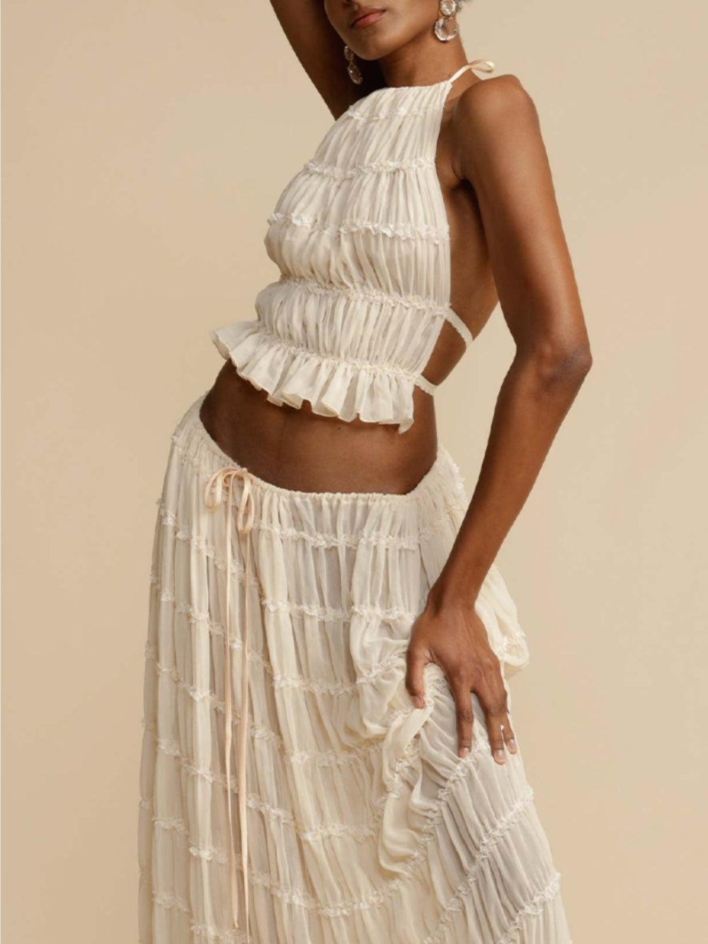 Elegant Pleated Drawstring Waist Tiered Maxi Skirt Suit - Flowing & Sophisticated Design