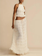 Elegant Pleated Drawstring Waist Tiered Maxi Skirt Suit - Flowing & Sophisticated Design
