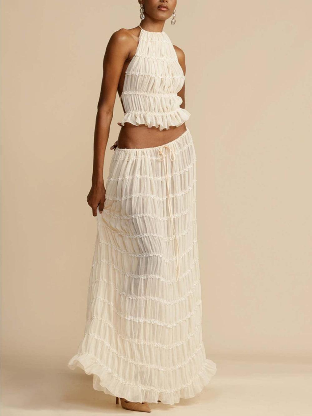 Elegant Pleated Drawstring Waist Tiered Maxi Skirt Suit - Flowing & Sophisticated Design