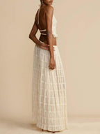 Elegant Pleated Drawstring Waist Tiered Maxi Skirt Suit - Flowing & Sophisticated Design