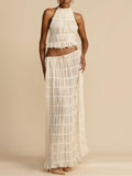 Elegant Pleated Drawstring Waist Tiered Maxi Skirt Suit - Flowing & Sophisticated Design