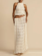 Elegant Pleated Drawstring Waist Tiered Maxi Skirt Suit - Flowing & Sophisticated Design