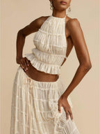 Elegant Pleated Drawstring Waist Tiered Maxi Skirt Suit - Flowing & Sophisticated Design