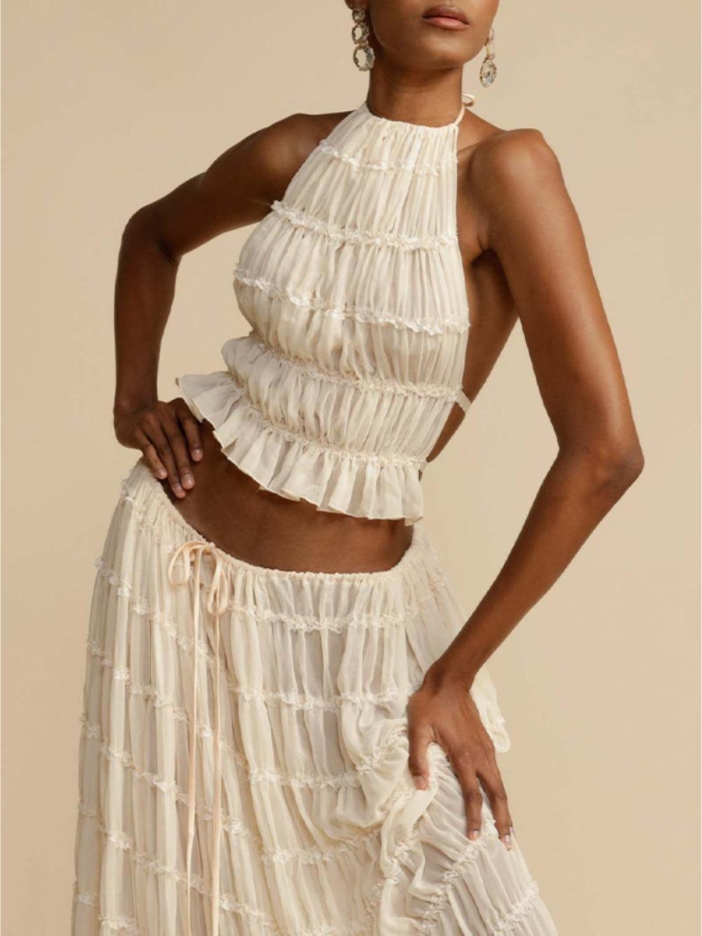 Elegant Pleated Drawstring Waist Tiered Maxi Skirt Suit - Flowing & Sophisticated Design