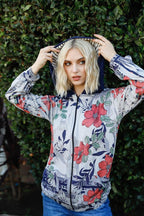 Blue Zone Planet |  Navy Rust Flower Print Zip-up Contrast Striped Hood Sweater