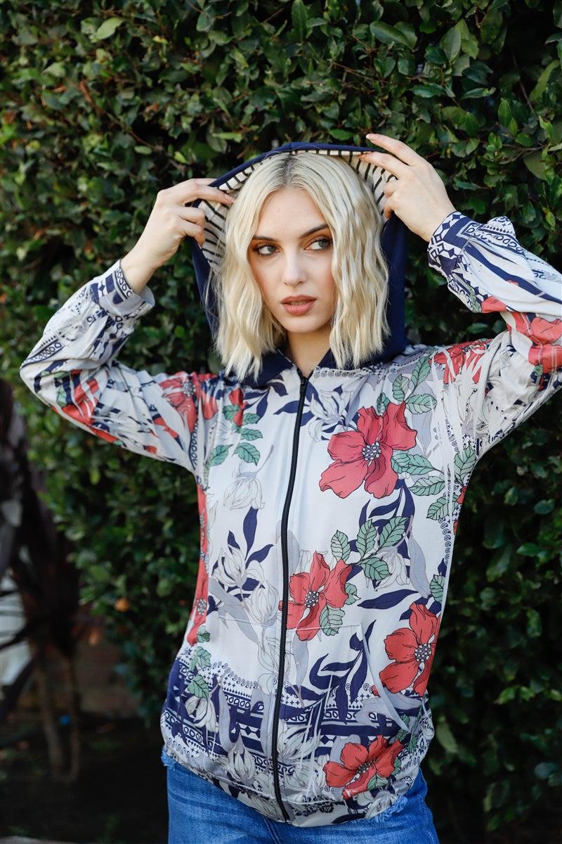 Blue Zone Planet |  Navy Rust Flower Print Zip-up Contrast Striped Hood Sweater